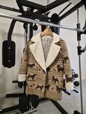 Beige & Brown Patterned Sherpa Coat
